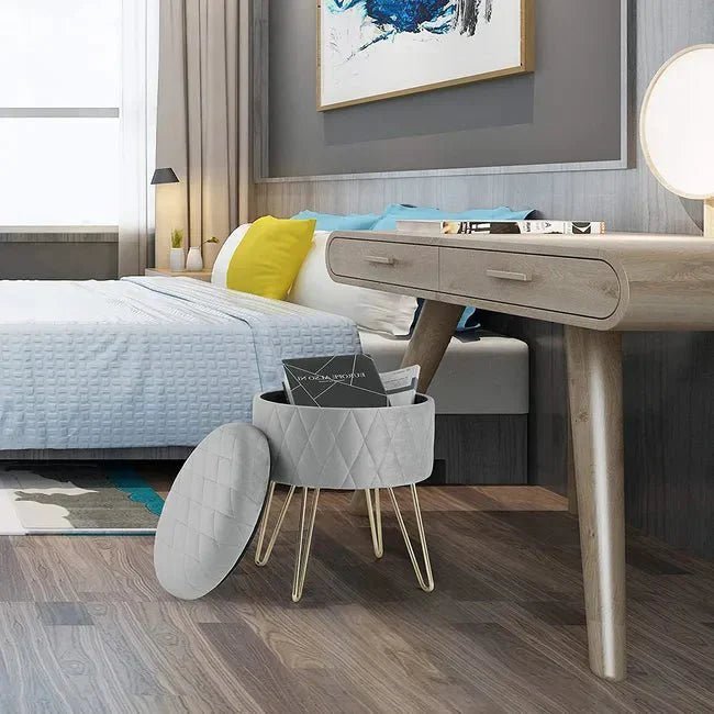 Tabouret Velours - VelvetRoundPuff™ - Gris Clair - Bien chez soi